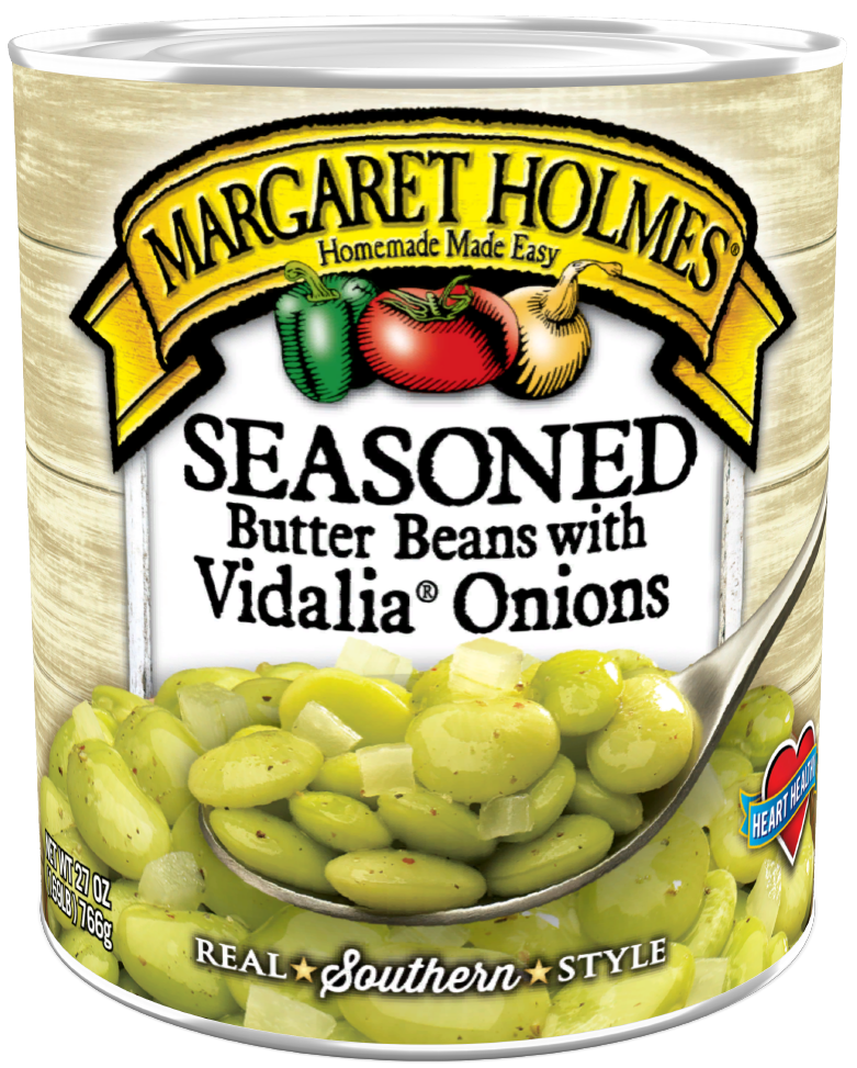 90504LBL_MH Seasoned Italian Green Beans_Front_Tilt_Website Can of Margaret Holmes Seasoned Butter Beans with Vidalia Onions